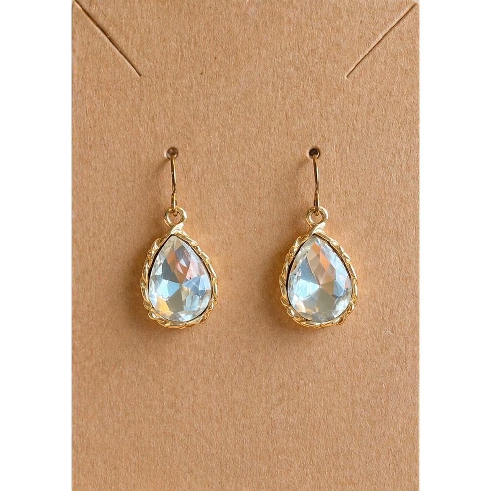 Gold Tone Teardrop White Crystal Dangle/Drop Hook Earrings